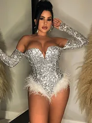 Silver Gold Sequin Feather Bodysuits Women Strapless Body Suit Tops Club Rompers Party Nightclub Sexy Bodycon Corset Jumpsuits