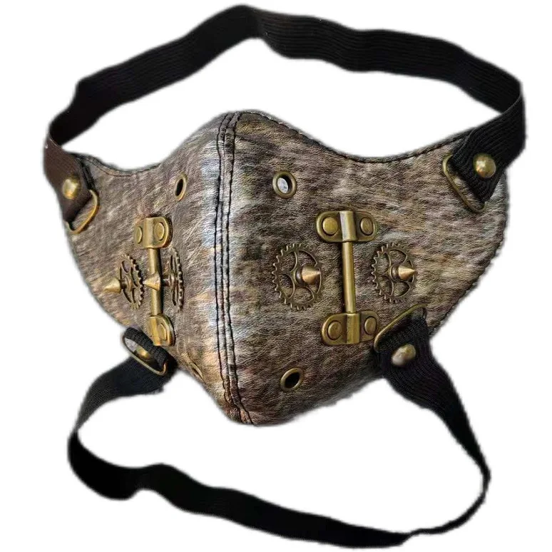 Masker Punk Rock Kulit PU Antik Pria Wanita Cosplay Pesta Sejuk Wanita Peredam Mulut Halloween R3054