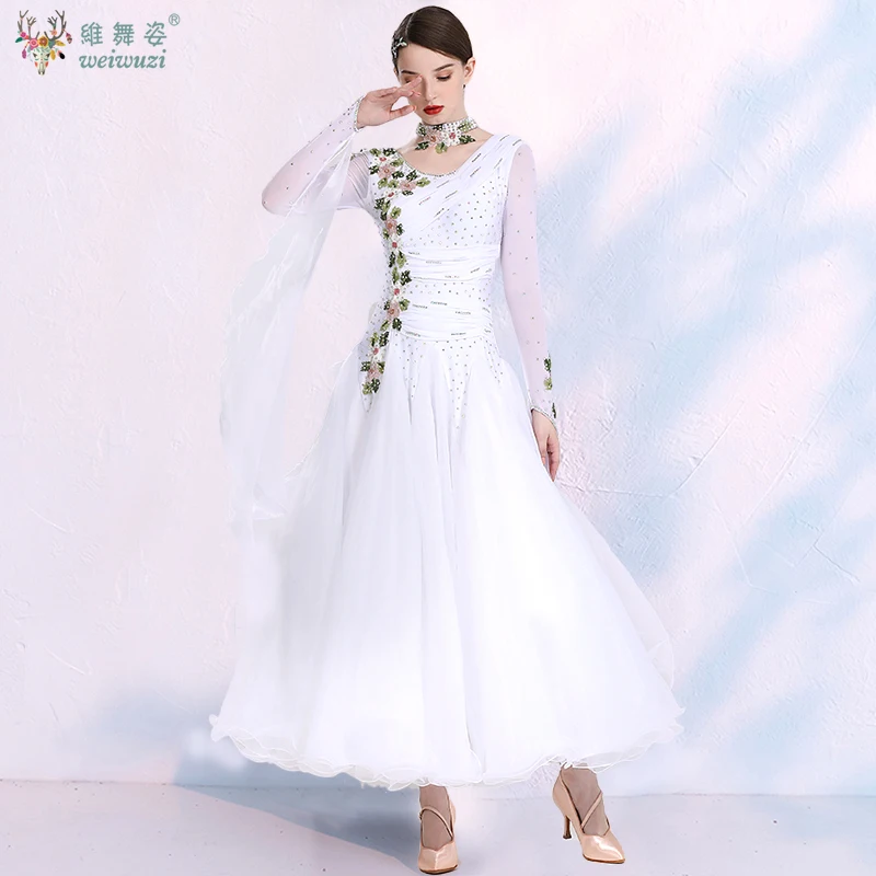 فستان أداء الرقص الحديث خرز مخيط يدويًا أرجواني بأكمام طويلة فستان الفالس التانغو زي البطولة الدولية #6