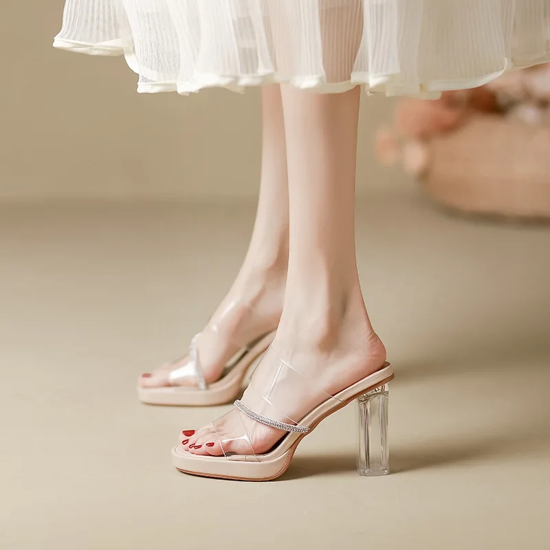 

2026, женские абрикосовые прозрачные босоножки на высоком каблуке, декор со стразами, открытый носок, прозрачный блочный каблук, повседневная повседневная летняя обувь Q-612