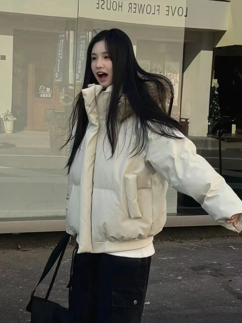 

Бежевая куртка из искусственной кожи и хлопка унисекс с большим меховым воротником в форме хлеба, в корейском стиле, высокого качества, для пар