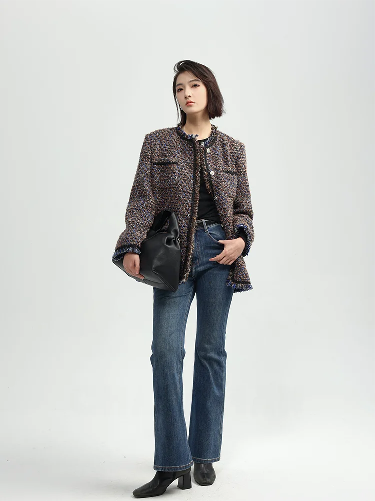 

Элегантное шерстяное пальто с бахромой и поясом, с подплечниками, круглым вырезом и длинными рукавами для женщин