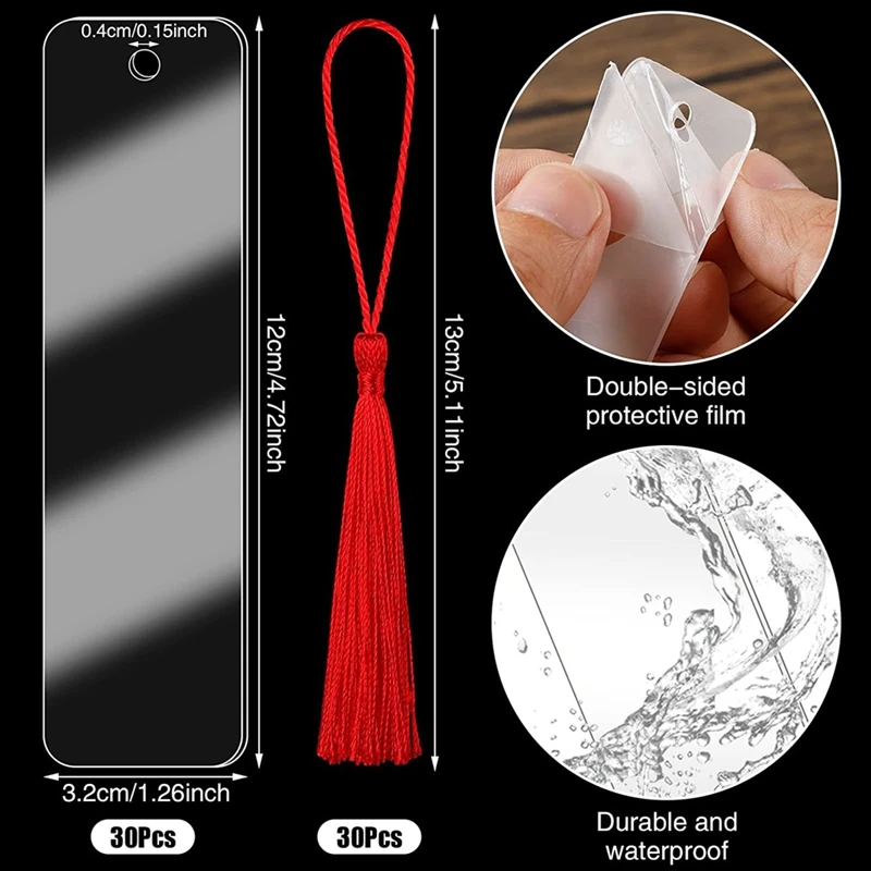 30Pcs Clear Acrylic Craft Bookmarks Set With 30 Pcs Multicolour Tassel For Gift DIY Bookmarks Crafts