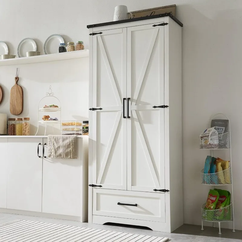 

72" Tall Farmhouse Kitchen Pantry with Adjustable Shelves, Wood Storage Cabinet with Drawer & 2 Barn Doors