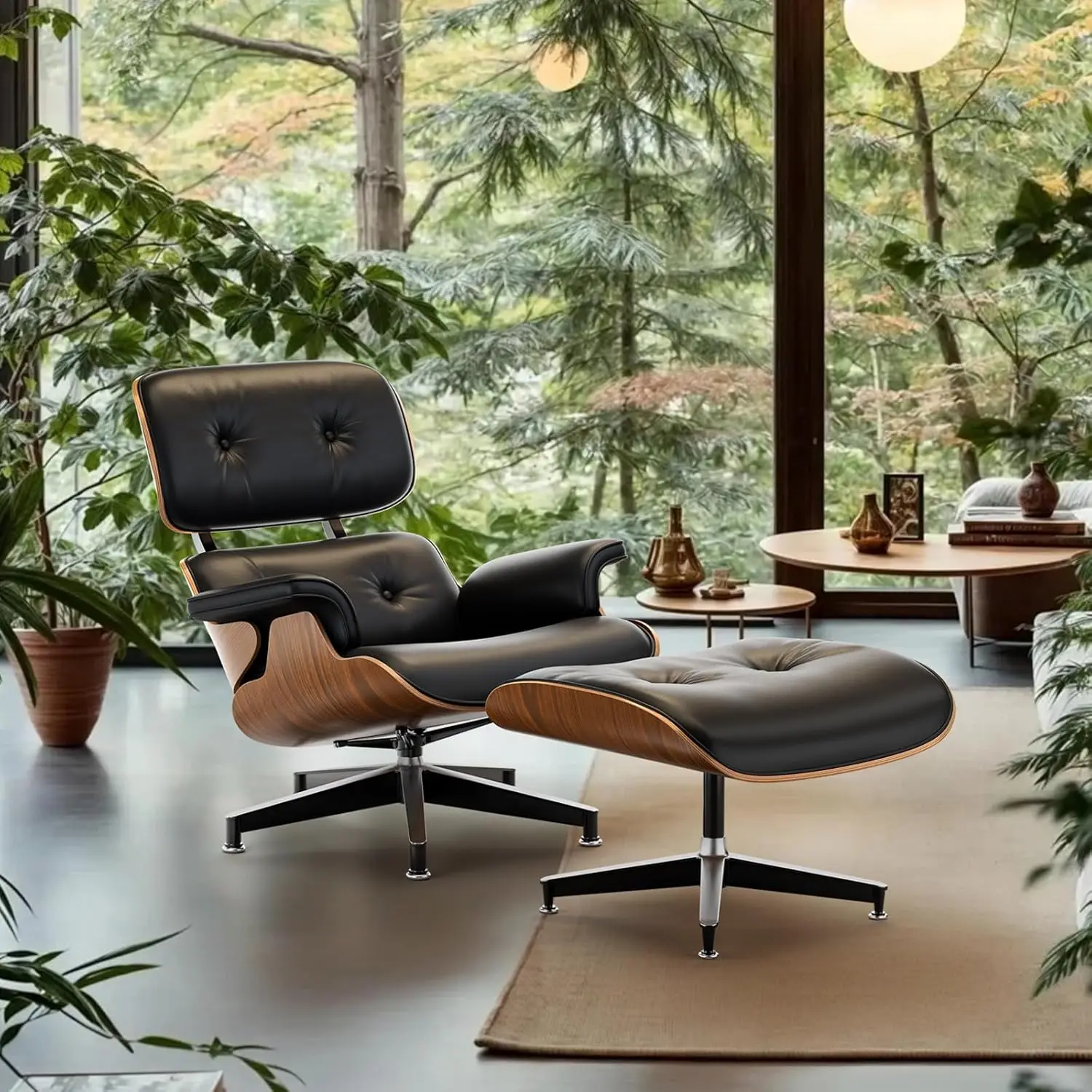 Top Black PU Leather, Mid Century Chaise Lounge Chair and Ottoman, Modern Chair Classic Design, Walnut Wood image 5