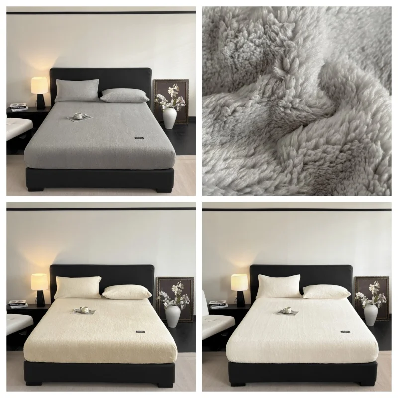 

1pc Solid Color Velvet Fitted Sheet Thick Coral Fleece Anti-Slip Bed Cover Cozy Mattress Protective Cover Winter Warm Sheets