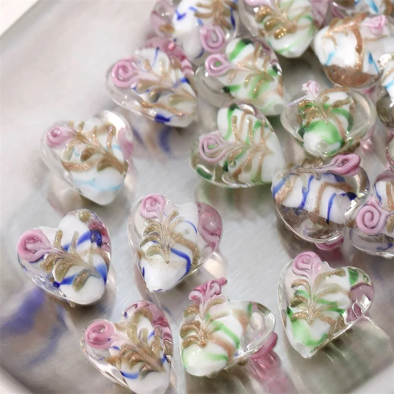 New 40pcs/lot 15.5*15.9mm color flowers pattern cartoon hearts shape glass straight hole beads di jewelry garment hair accessory