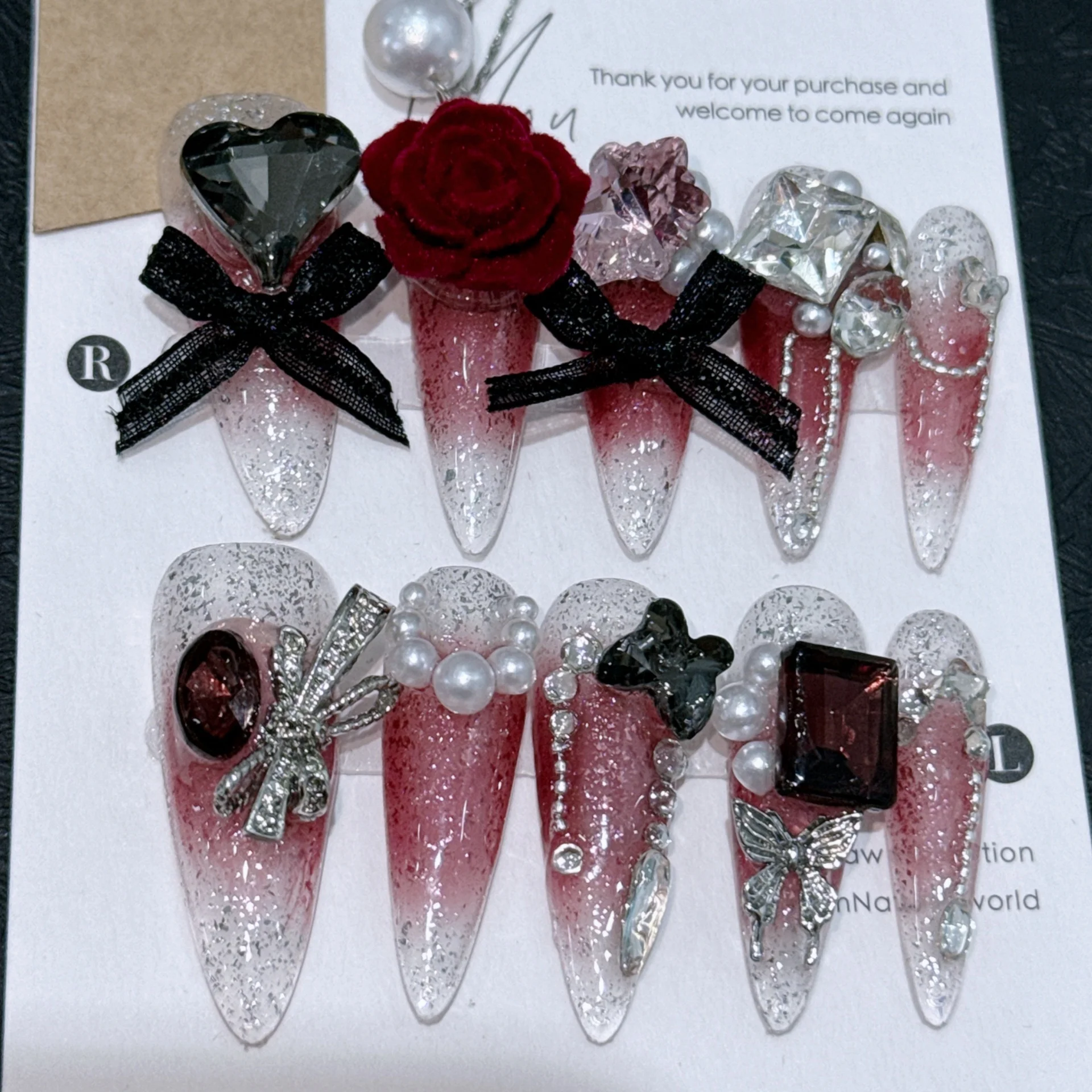 10pcs Wine Red Stiletto Fake Nails Long Diamond Flower Gyaru Glitter Handmade False Nail Tips Bow Pearl Design Press on Nails
