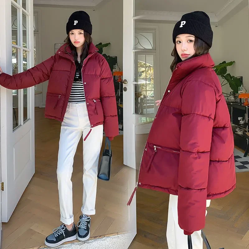 2024 New Down Cotton Parkas Womens Long Sleeve Padded Coat Autumn Winter Warm Cotton Coat Short Jacket Stand Collar Cotton Coats