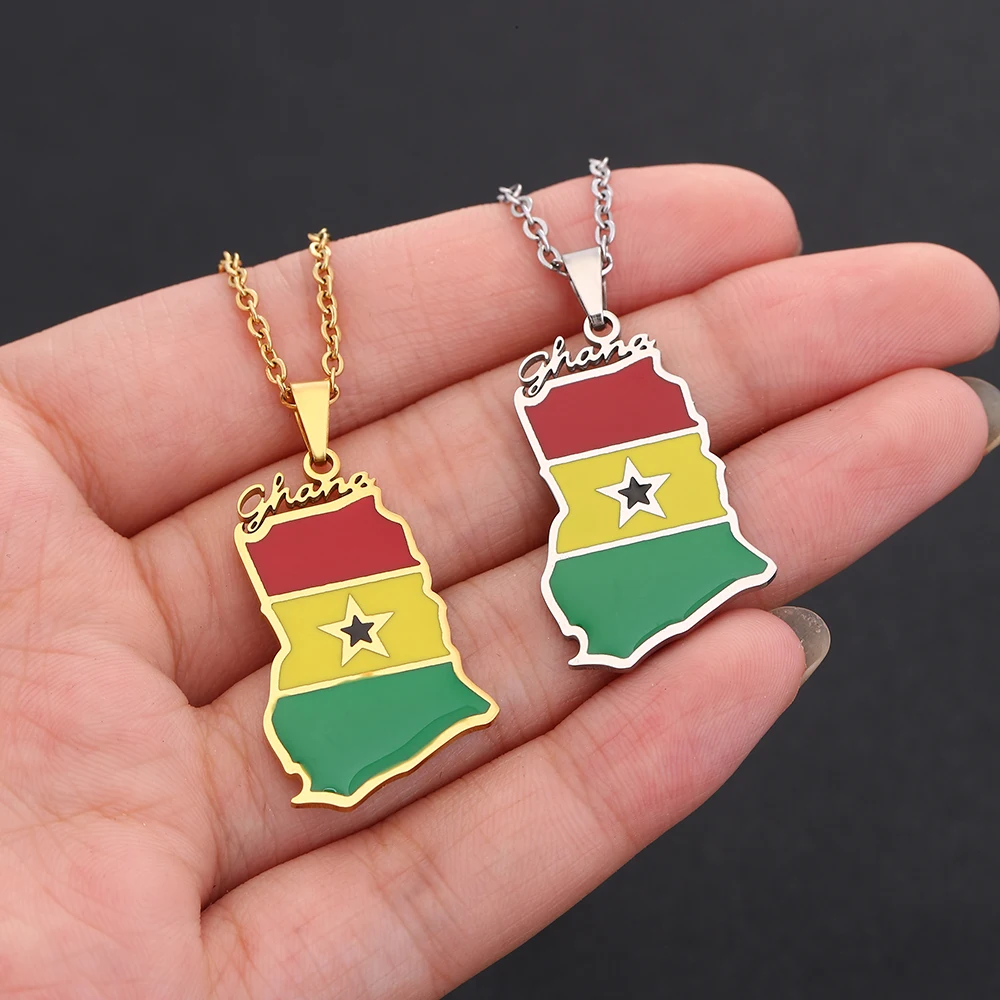 Ghana Map Flag Pendant Necklace Stainless Steel For Women Girls Gold Silver Color Charm Fashion Ghanaian Femal Jewelry Gift