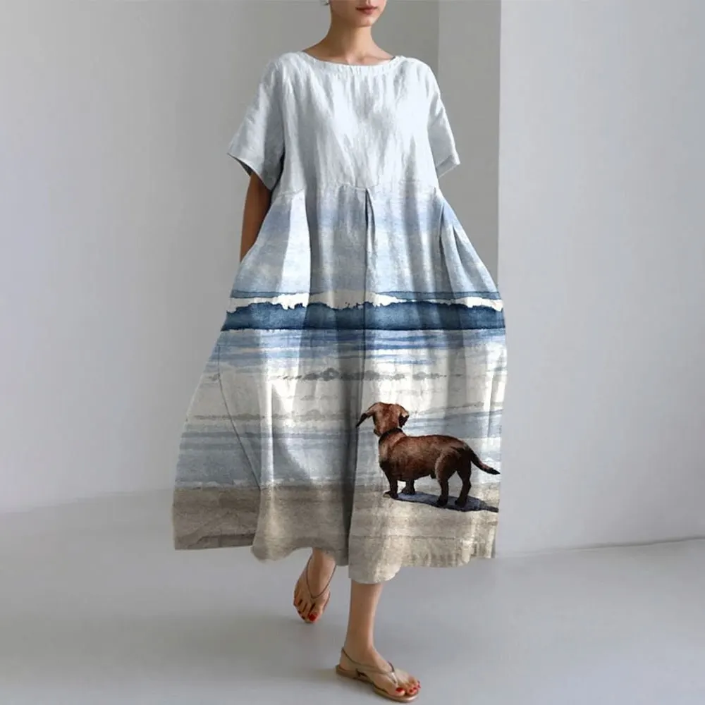 Women's Casual Elegant Dress Summer New Fashion Dog Print Short Sleeve Long Dress Women's Large Size Loose Neck Pocket Dress