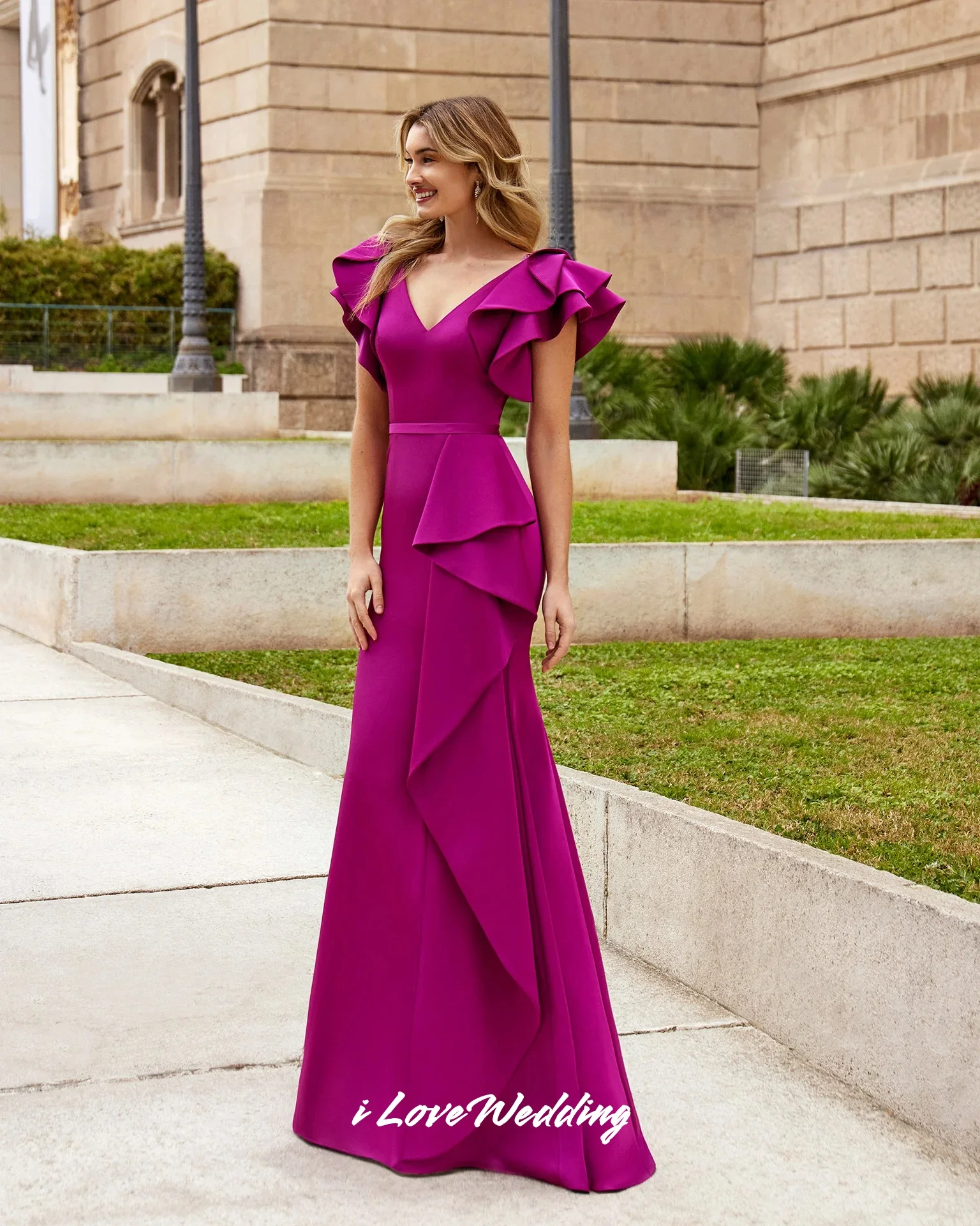 

Fuchsia V-Neck Evening Dress 2025 Satin Ruffle Mermaid Prom Dresses Backless Sweep Train Elegant Wedding Party Dress Customized
