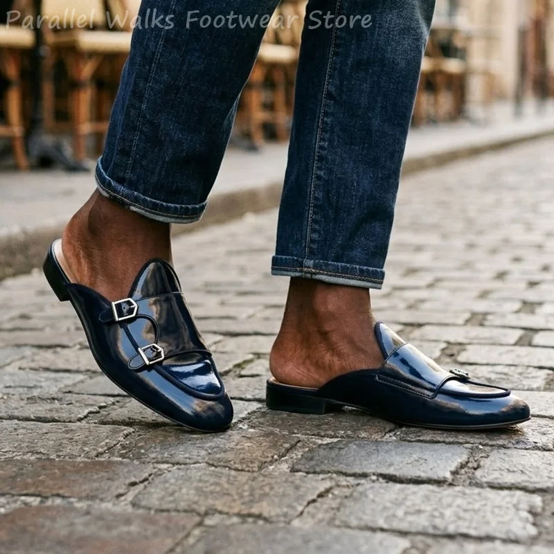 Mens Double Monk Strap Mules Backless Slip On Loafers Patent Leather Casual Business Tuxedo Party Flat Slippers Shoes Navy Black