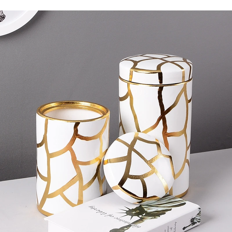 Porcelain Storage Vase Ceramic Ginger Jar Golden Thread Stripes Desktop Organizer Home Decor Accessories Vintage Bottle