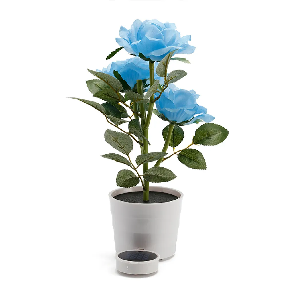 Solar Rose Flower Lights LED Artificial Rose Pot 3 Lights Flower Bonsai LED Night Lamp for Garden Bedroom Office Hotel