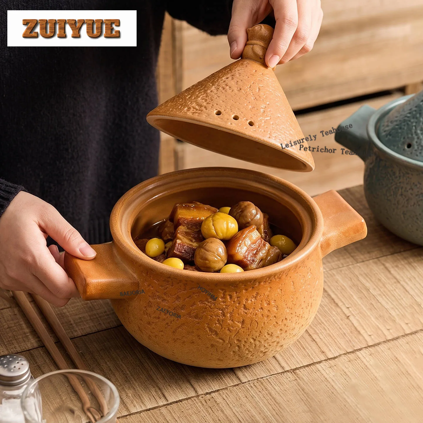 HOYIHM 1100ml Golden Ceramic Casserole Pot Double Ear Clay Pot For Claypot Rice Soup Stew Heat Resistant Gas Stove Cookware