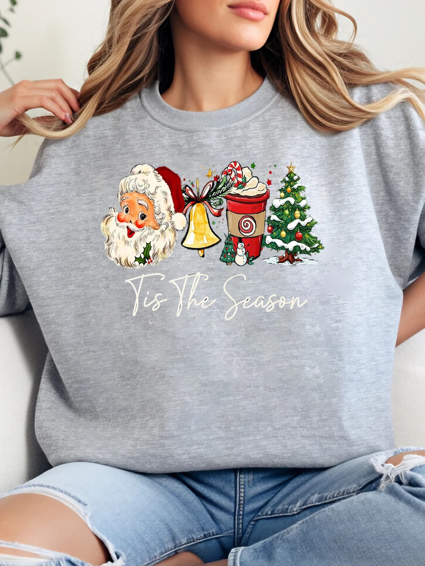 

Санта-Клаус колокольчик кофейное дерево Tis the Season Рождественский свитшот женская повседневная праздничная одежда серого цвета больших размеров