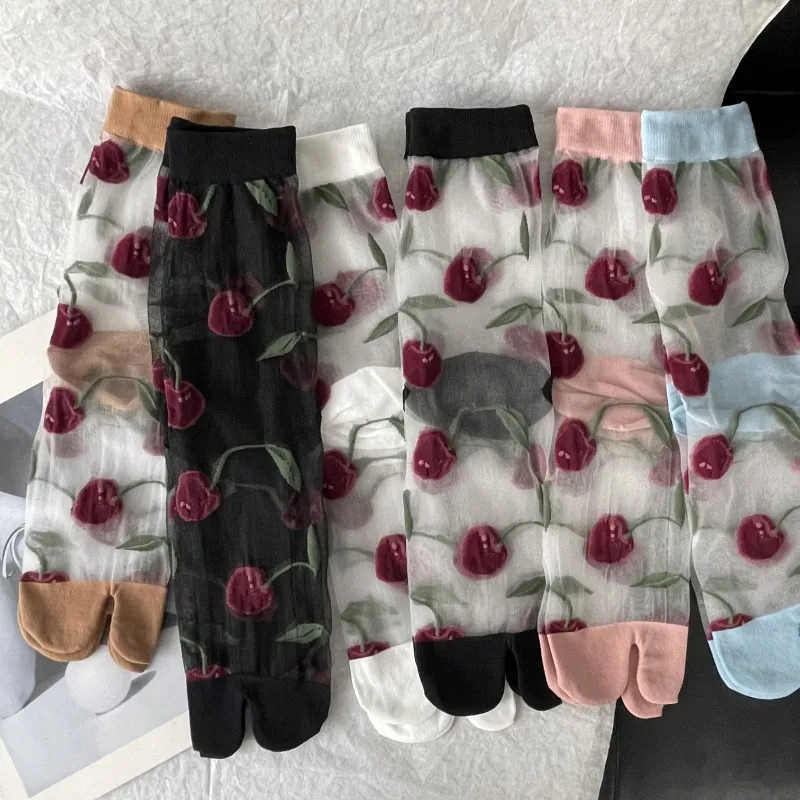 

Ultra-Thin Transparent Woman Split Toe Socks Red Cherry Pattern Summer Crystal Silk Hollow Out Sheer Two-Toed Japanese Tabi Sox