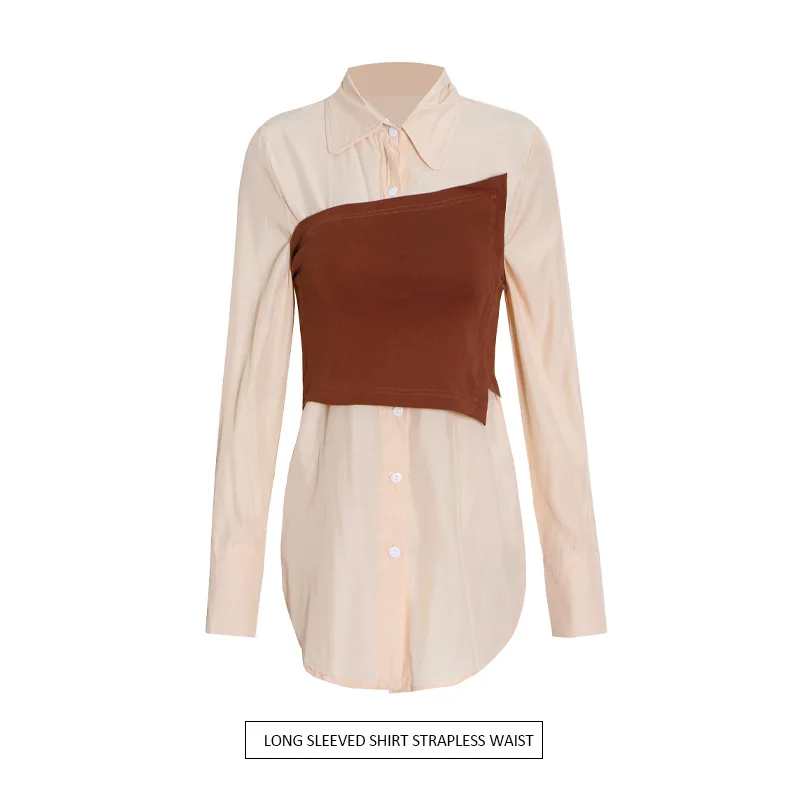 

British Style Women Tube Top Stitching Shirt Spring and Autumn New Lapel Single-breasted Solid Color Simple Top Blouse Women