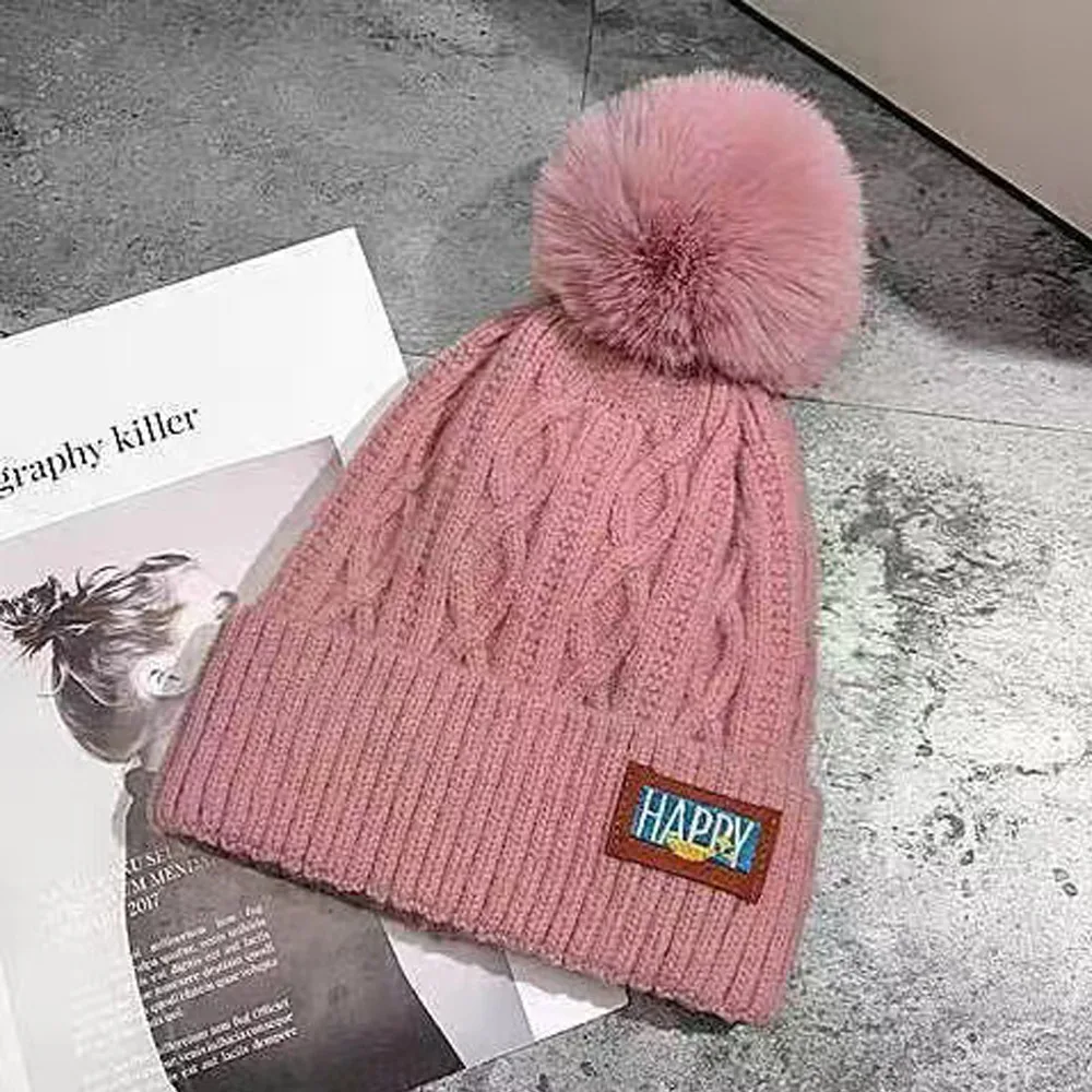 Fashion Thickened Winter Knitted Hat Ear Protection Knitted Cap Fleece-lined Warm Pompoms Hat Keep Warm