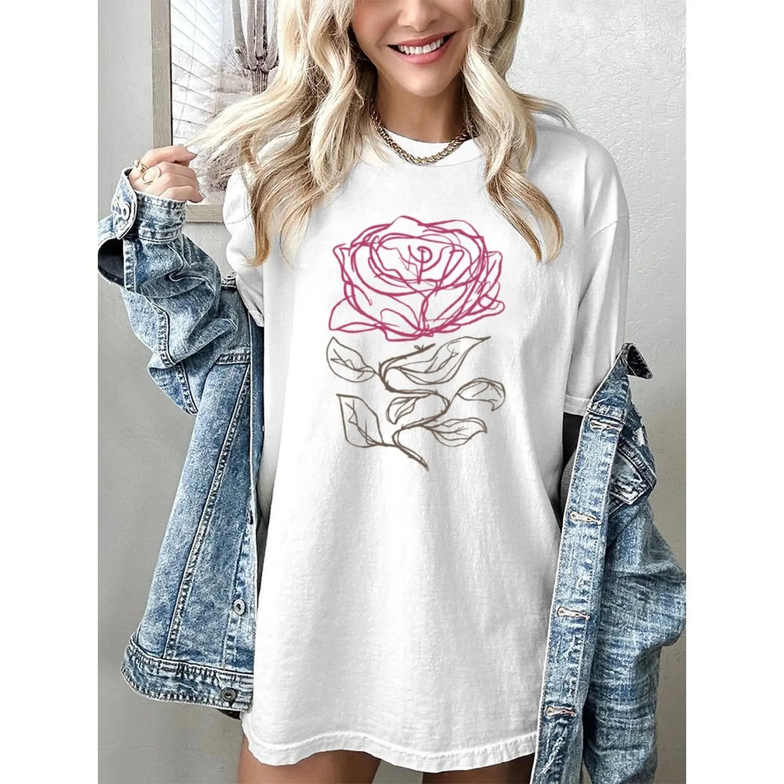 

Womens Oversized Short Sleeve T Shirt With Elegant Print Round Neck Casual Top For Summer Spring Vacation Daily Wear