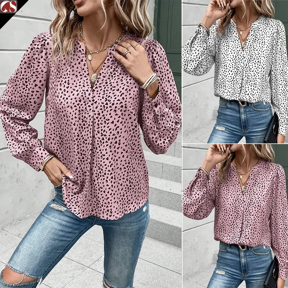 

Women Spring Summer Shirt Printing Color Long Sleeve Button V Neck Casual Fashion Comfortable Regular Standard Fit Shirt Blouse