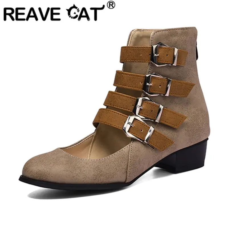 

REAVE CAT Roman Style Female Sandals Clip Toe Flats Flock Suede Zipper Belt Buckle Large Size 41 42 43 Leisure Daily Soft Shoes