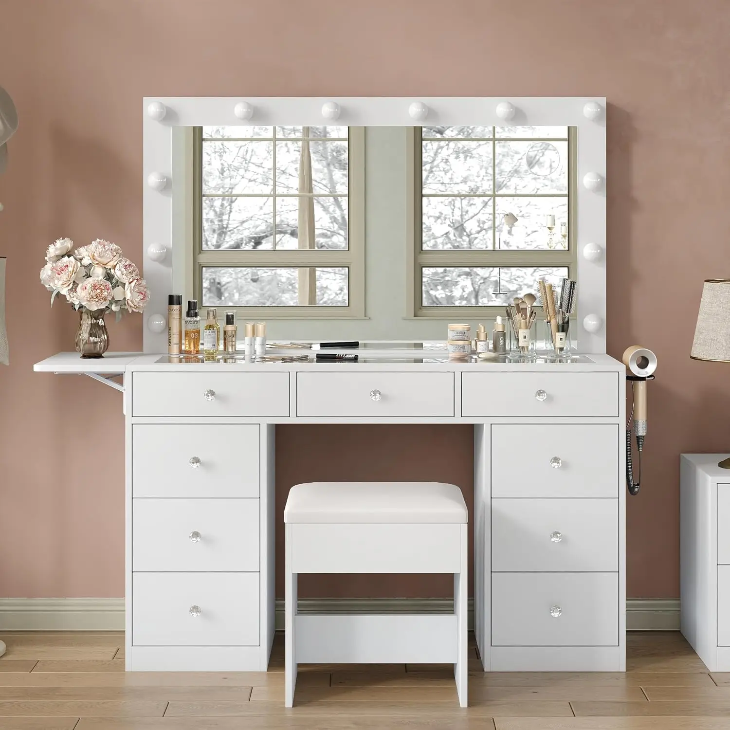 Bedroom Vanity Desk, Wood, White, with Mirror, 12 LED Lights, 9 Drawers, Fold-up Panel & 3 Adjustable Lighting Modes