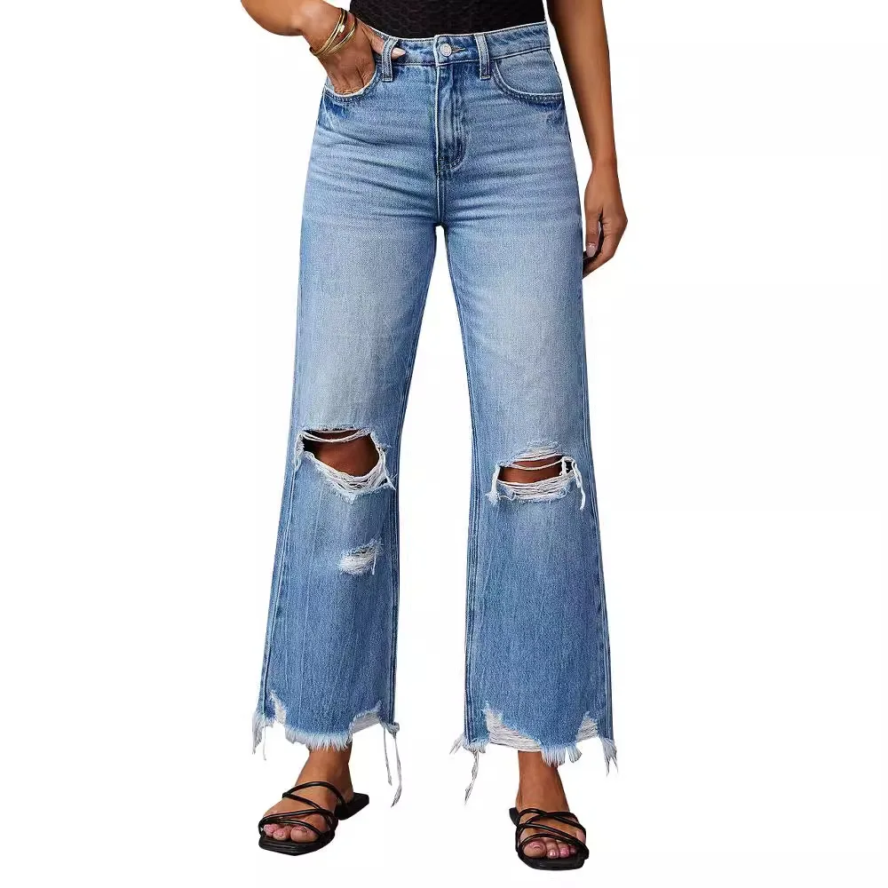 This summer's cross-border new tassel washed high waisted casual ripped jeans