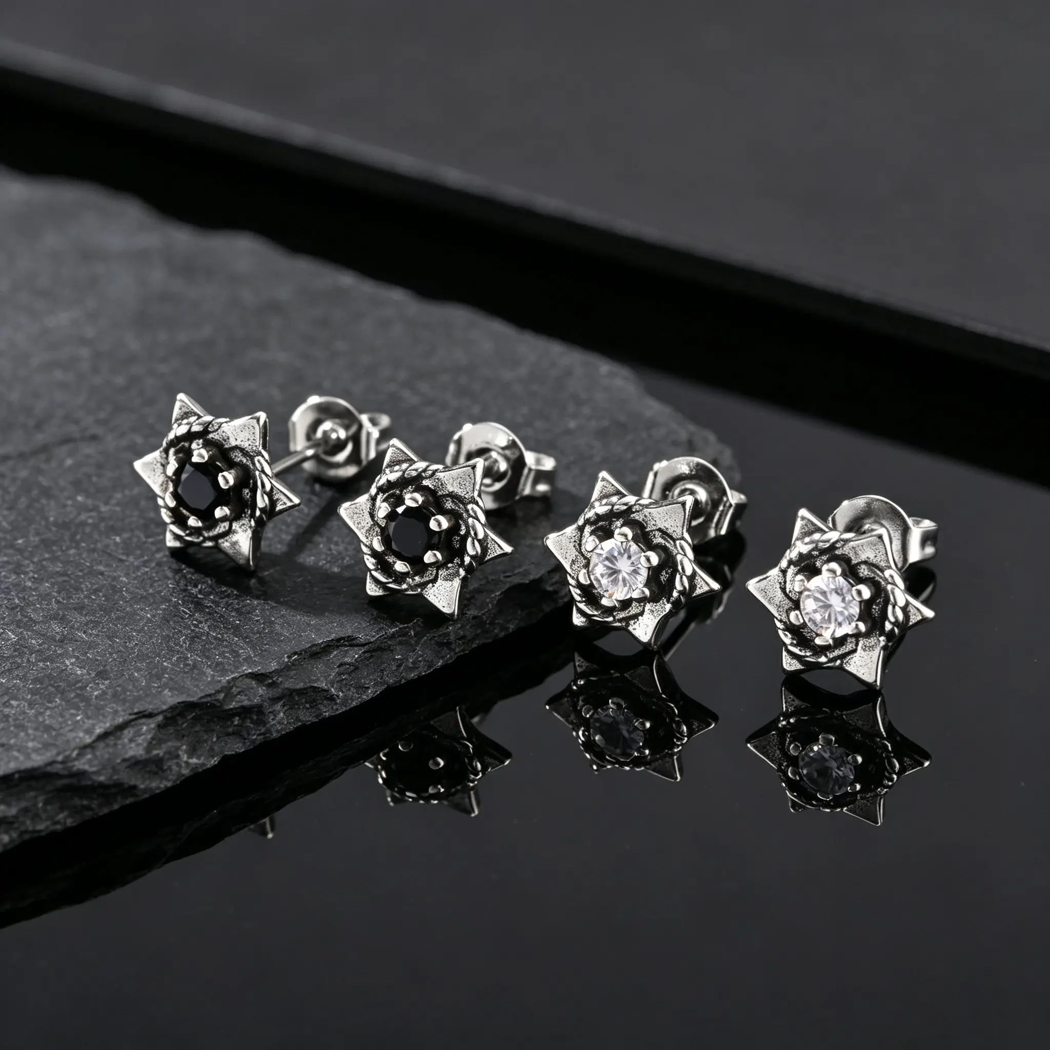 Hip Hop CZ Star Stud Earrings for Men,Minimalist Antique Silver Color Start Clear Crystal Pierced Earrings Jewelry