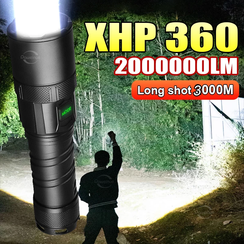 Most Powerful LED Flashlight XHP360 Torch Rechargeable Torch Light Long Shot 3000M LED Lamp Flashlights 18650 Tactical Lantern