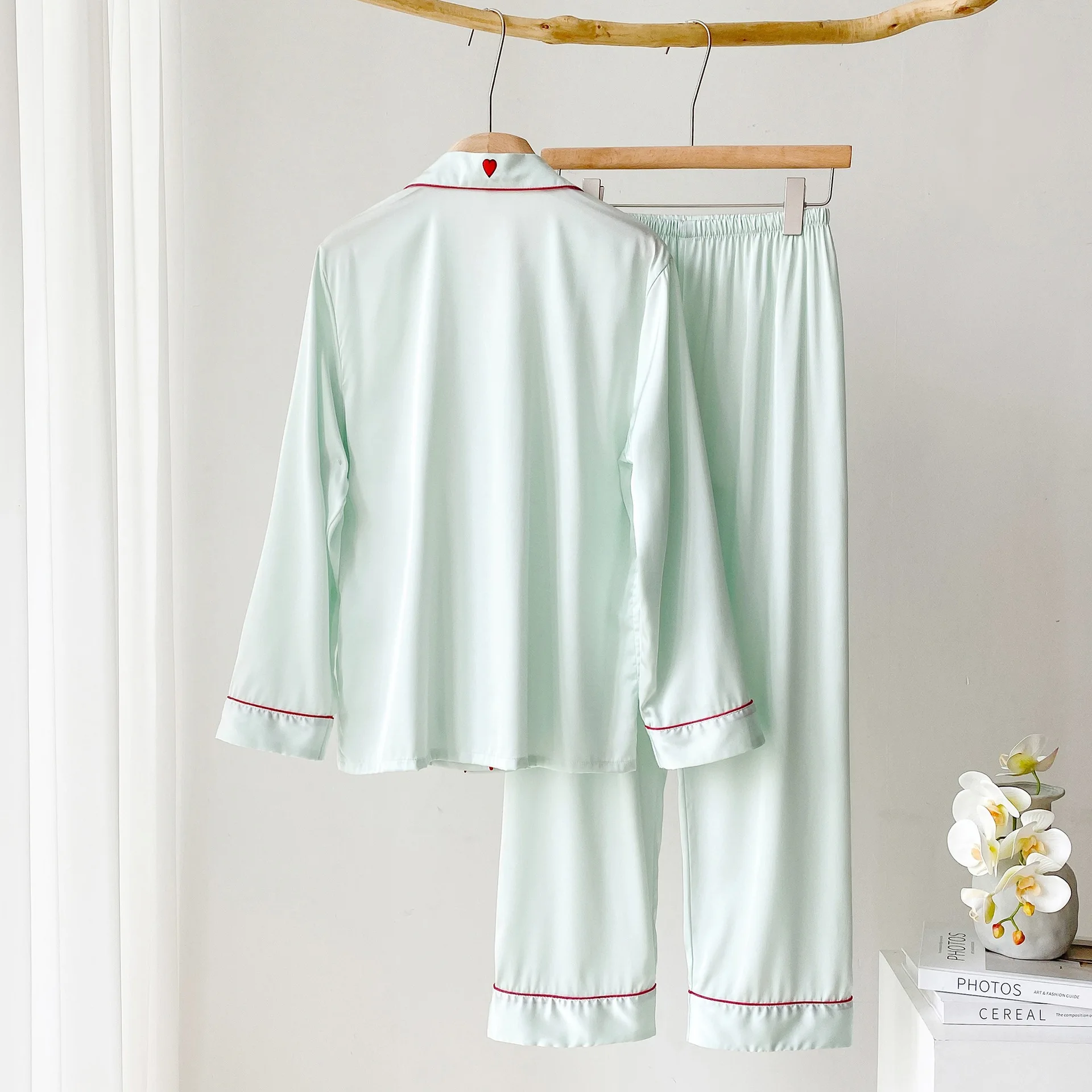 Green Satin Sleepwear Lounge Wear Female Long Sleeve Pajamas Trouser Suits Intimate Lingerie Casual Home Wear Pyjama Pour Femme