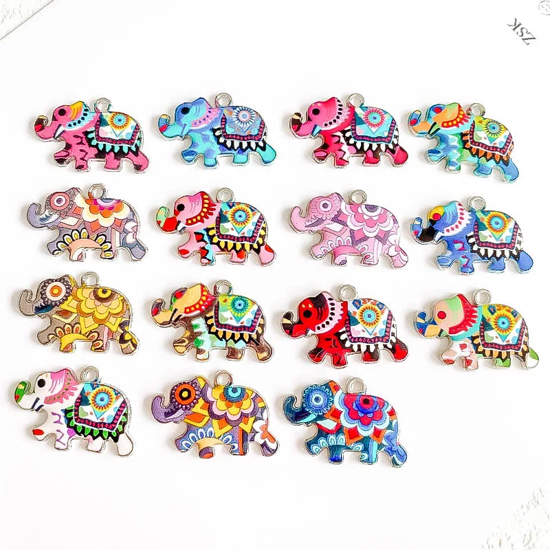 20pcs/lot Ethnic Style Random Printing Elephant Charms Enamel Pendant Necklace Bracelet Pendant For DIY Jewelry Accessories