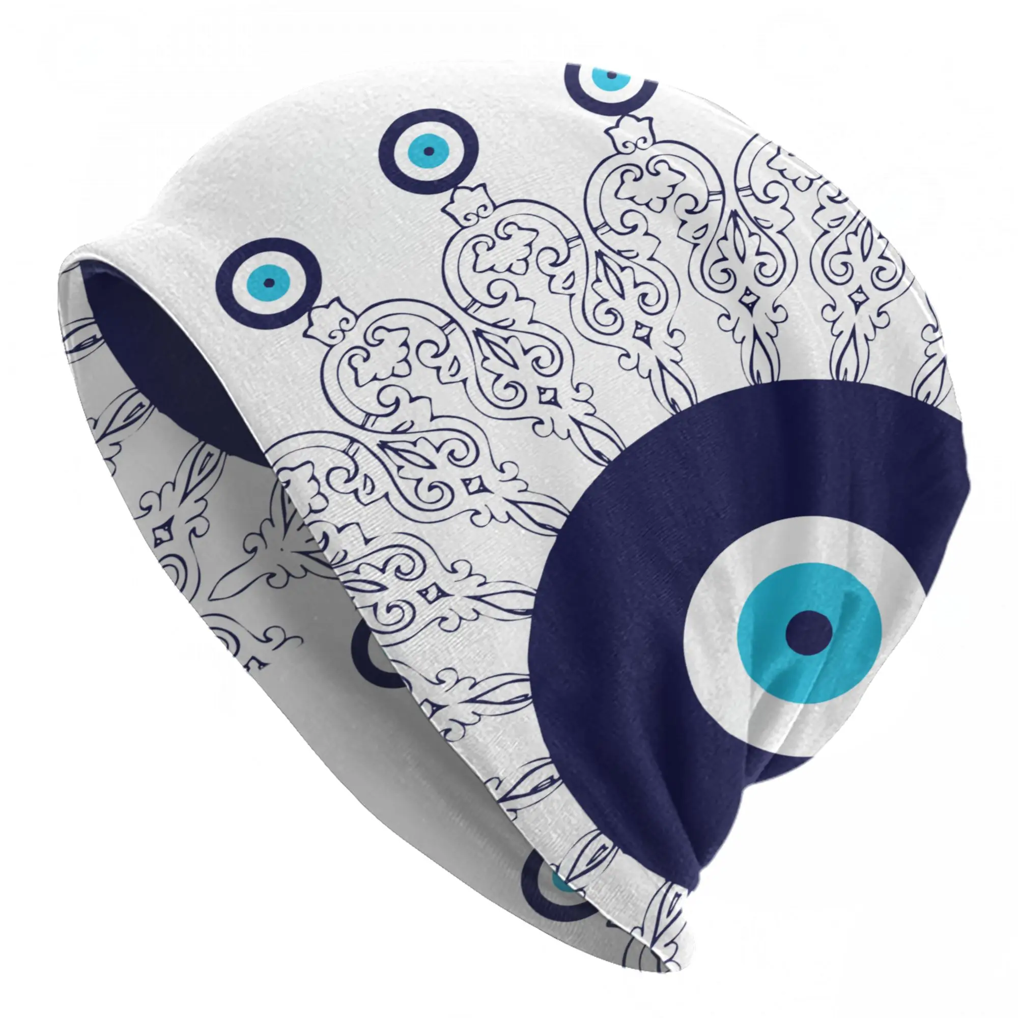 Navy Blue Evil Eye Mandala Skullies Beanies Hat Lucky Charms Boho Hippie Greek Amulet Goth Outdoor Caps Warm Dual-use Bonnet Hat