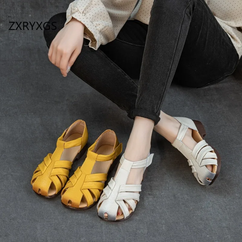 ZXRYXGS Promotional New Top Cowhide Handmade Weaving Women's Sandals Summer Elegant Versatile Low Heel Sandals Banquet Shoe 2026