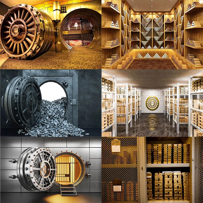 Bank Vault Backdrop Gold Vault Bank Door in Storage Room Robber Theme Photography Background Bank Money Party Backdrop Wall