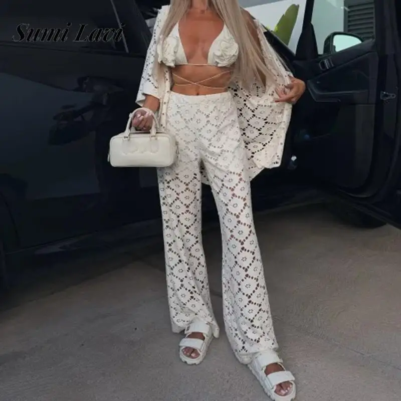 

Elegant Lapel Button Top & Long Pant Suit Women Casual Short Sleeve Solid Loose 2Pc Set Sexy Embroidery Hollow Out Shirt Outfits