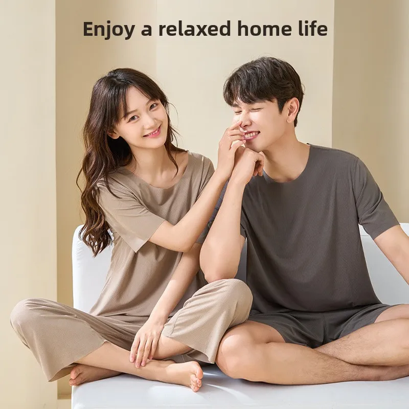 

Couples Sleepwear Women's round Neck Short Sleeve Ice Silk Thin Home Clothes Men's Short Pants Long Pants Polyester Fiber
