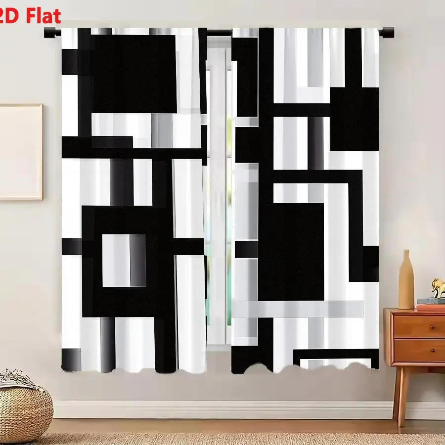 2Pcs Curtains 2D Flat Monochromatic Abstract Geometric Composition With Rectangles And Lines In Black White And Gray Window Drap