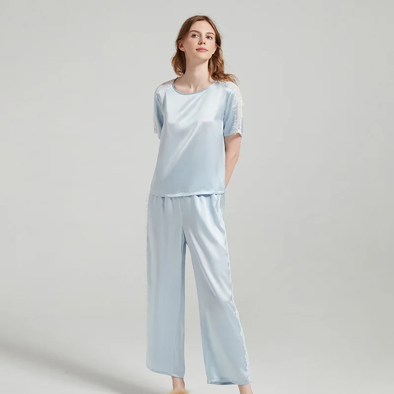 Women 100% Mulberry Silk Lace Spliced Pajama Set Round Neck Short Sleeve Long Pants Antibacterial Breathable Loungewear