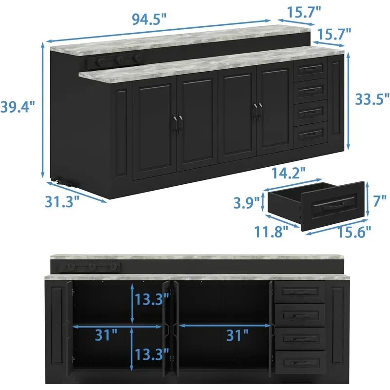 94.5 W Stationary Kitchen Island Storage Cabinet with Built-in Power Outlet 2 Countertop Adjustable Shelves and 3 Drawers for