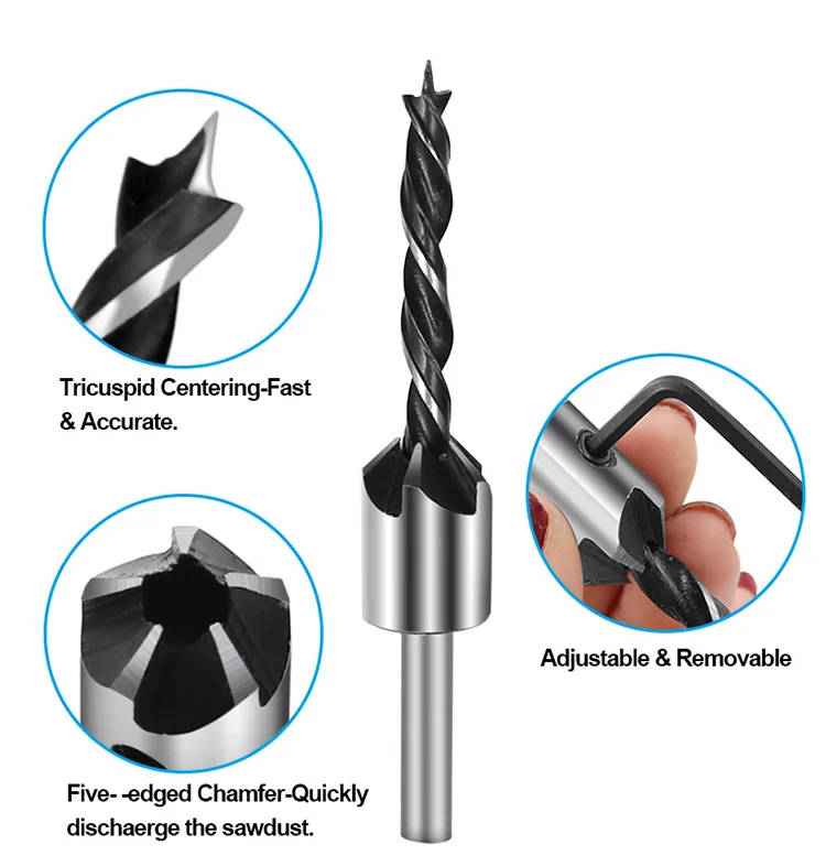 4pcs Carpentry Drill+1pc Wrech 3mm-6mm HSS Flute Countersink Drill Bits Set Chamfer Reamer For Woodworking Drill Bit Power Tools