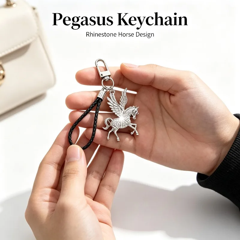 Light‑luxury creative cute pony metal keychain, car small pendant accessory, rhinestone zodiac animal horse key ring