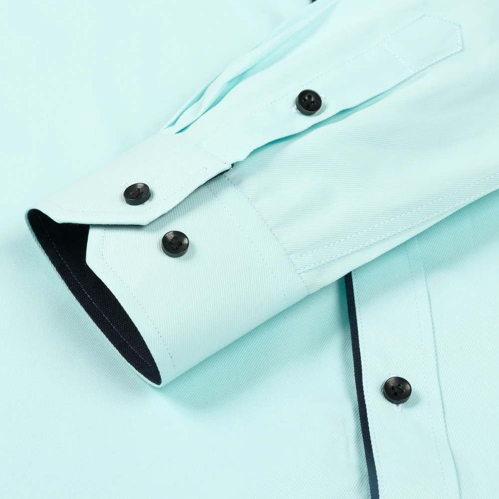 Camisas sociais masculinas clássicas de manga comprida com acabamento contrastante, versátil, slim fit, escritório de negócios sociais, camisa com botões para todas as estações