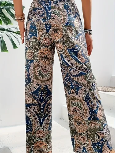 Imagen 2 del producto Pantalones largos bohemios de cintura alta con cintura elástica, pantalones largos de pierna ancha estampados, ropa de mujer, pantalones casuales rectos, novedad de verano, tendencia Vintage