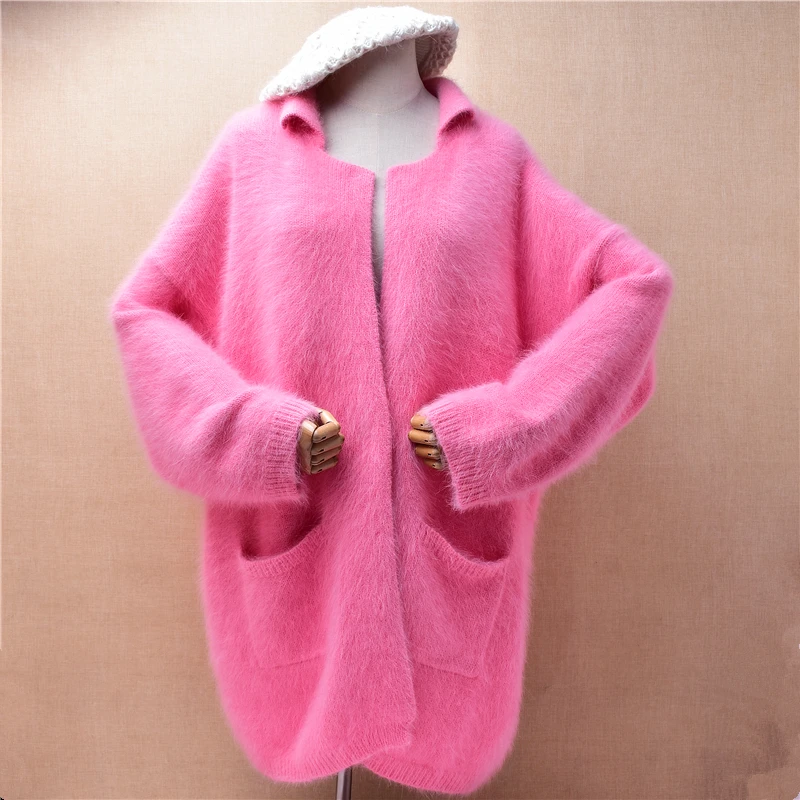 

Women Mujer Autumn Winter Thick Warm Pink Hairy Angora Rabbit Hair Knitted Turn-Down Neck Loose Cardigans Mantle Sweater Jacket