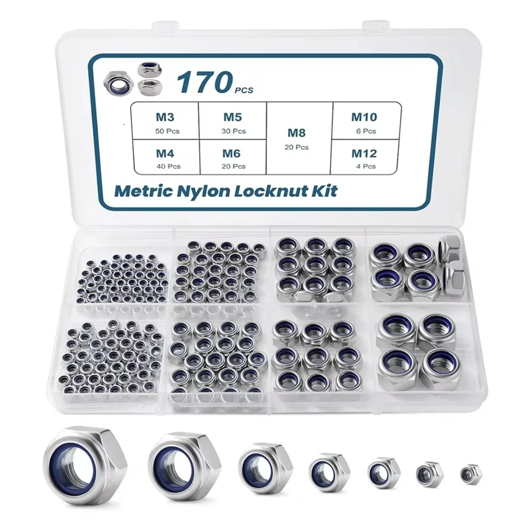 XLGYLPRO 170PCS DIN985 Nylon Insert Lock Nuts M3-M12 Metric Self-Locking Nyloc Hex Locknuts Stainless Steel Assortment Kit Set