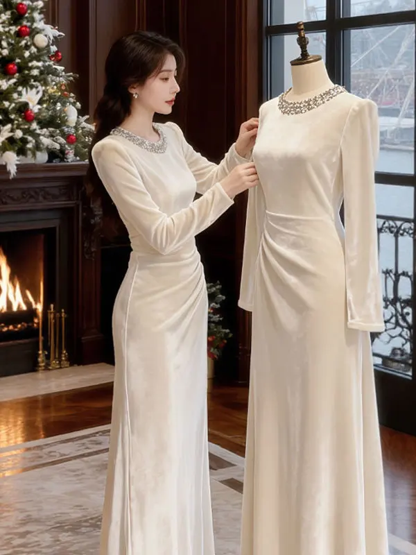 Ele Velvet Dr Charming Waist Cinched Winter Faionable Unique Beautiful Soft Sle Long Sve round Ne Dr