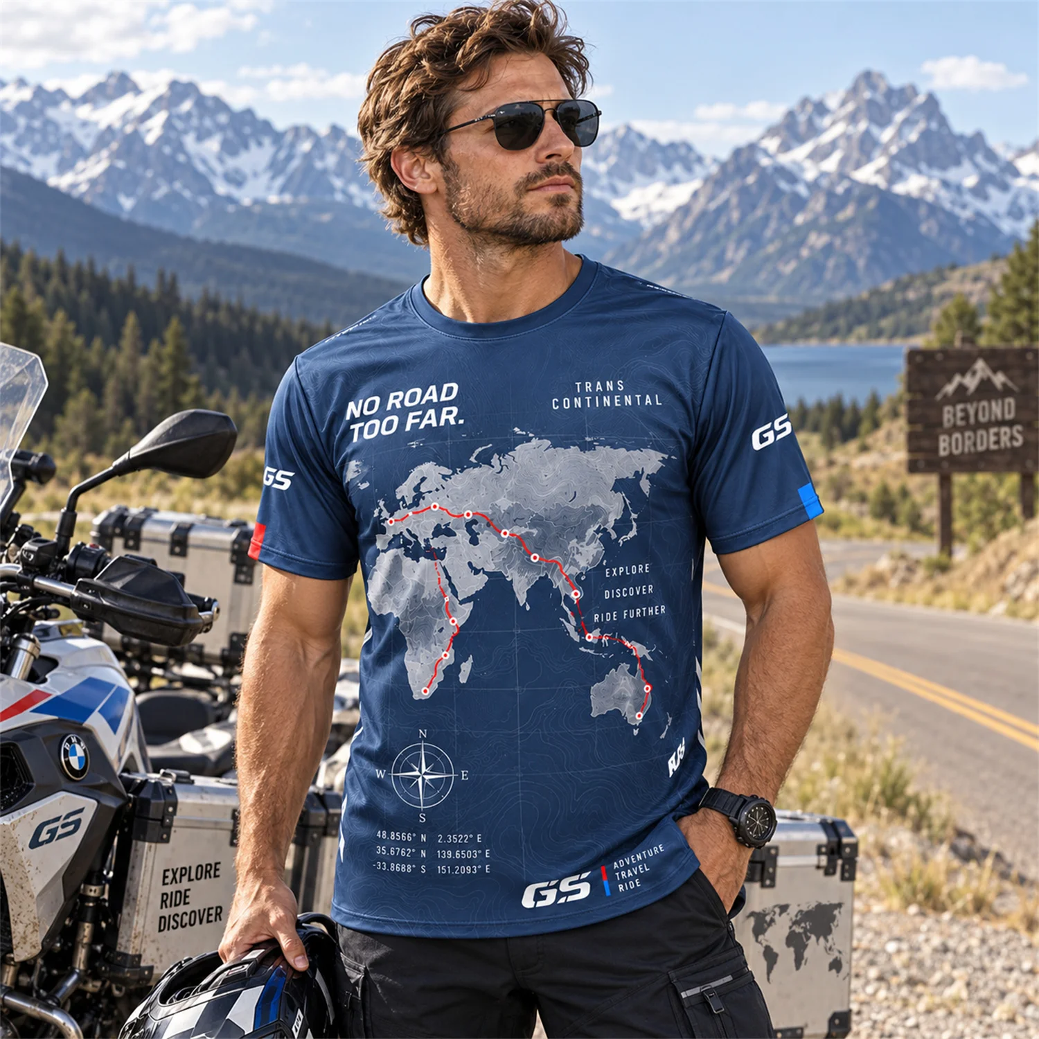 GS Motorrad Motorcycle T Shirt World Map Adventure Graphic Print Short Sleeve Riding Jersey Unisex Biker Travel Tee