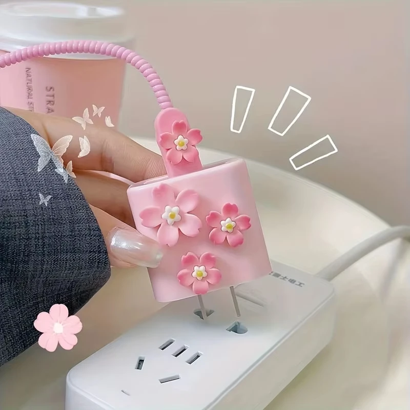 Cute Pink Cherry Blossoms Cartoon Charger Case Compatible for iPhone 18W/20W USB-C Power Adapter And Lightning Cable 3D Soft